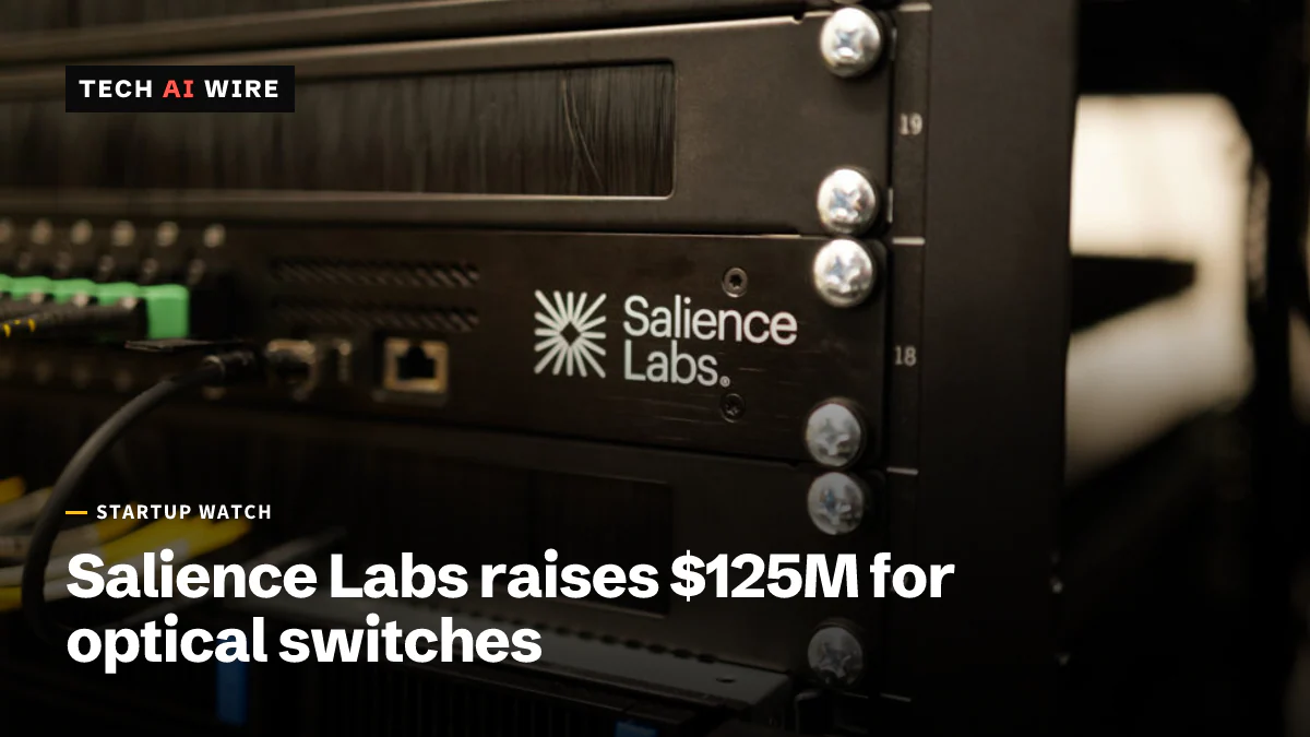 A black rack-mounted Salience Labs unit with the company logo, installed in a server rack with fiber and network cables plugged in.