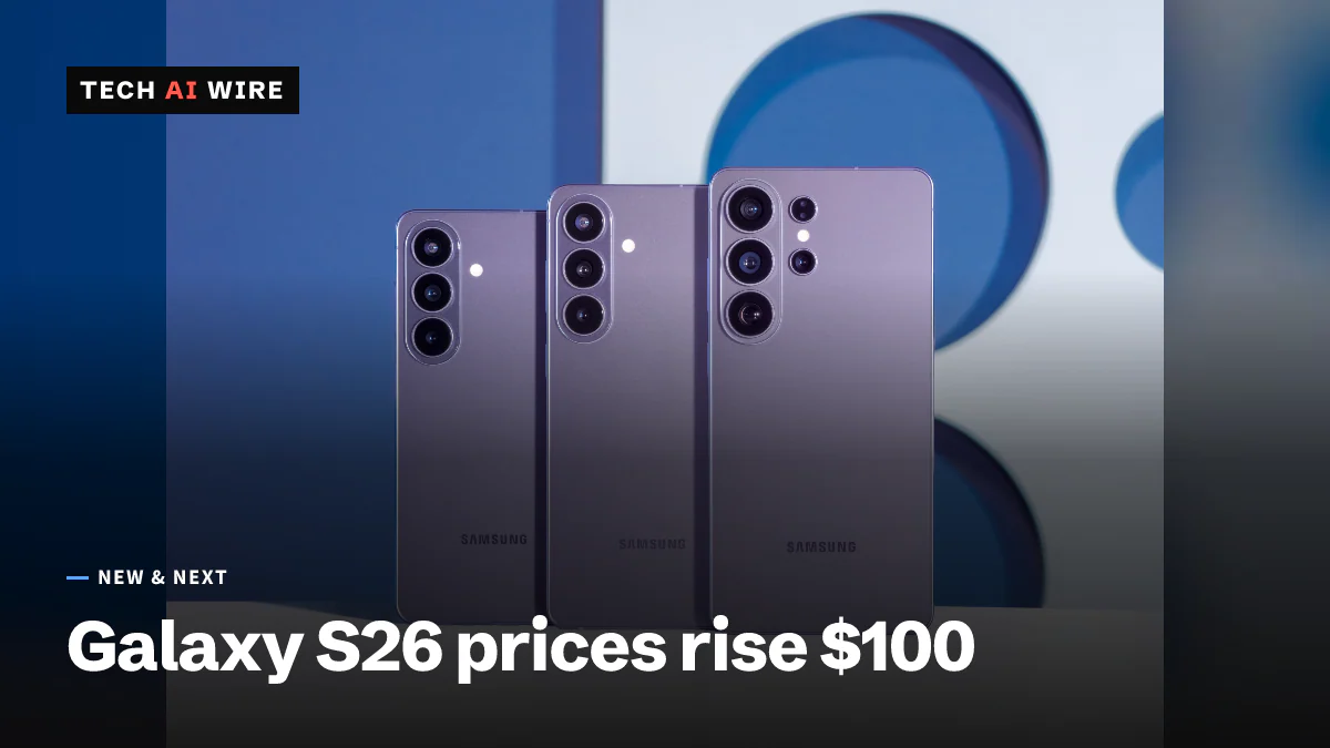 Samsung's press photo of three Galaxy S26 series phones in a violet finish, standing side by side with their rear cameras facing out.