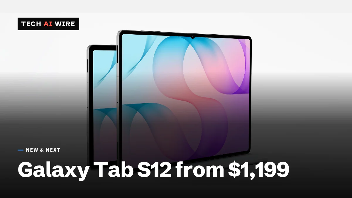 Samsung's product render of two Galaxy Tab S12 tablets standing upright, screens showing a pink and blue wallpaper, with a white S Pen lying beside them.