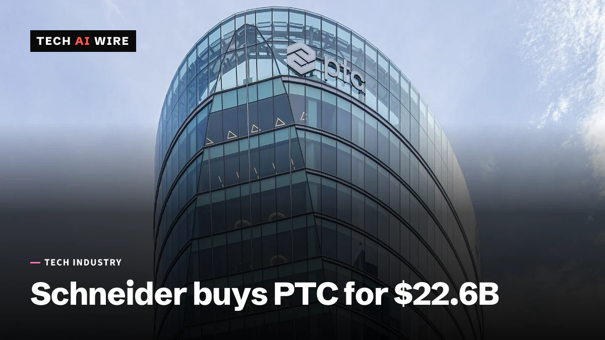 The top of PTC's curved glass headquarters tower in Boston, with the PTC logo near its roof against a pale blue sky.