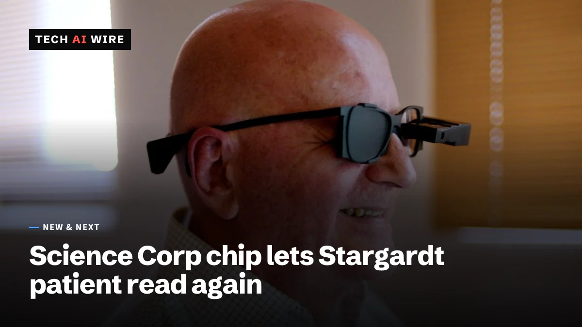 A man wearing Science Corporation's PRIMA camera glasses, in a still from the company's video about its first Stargardt disease patient.