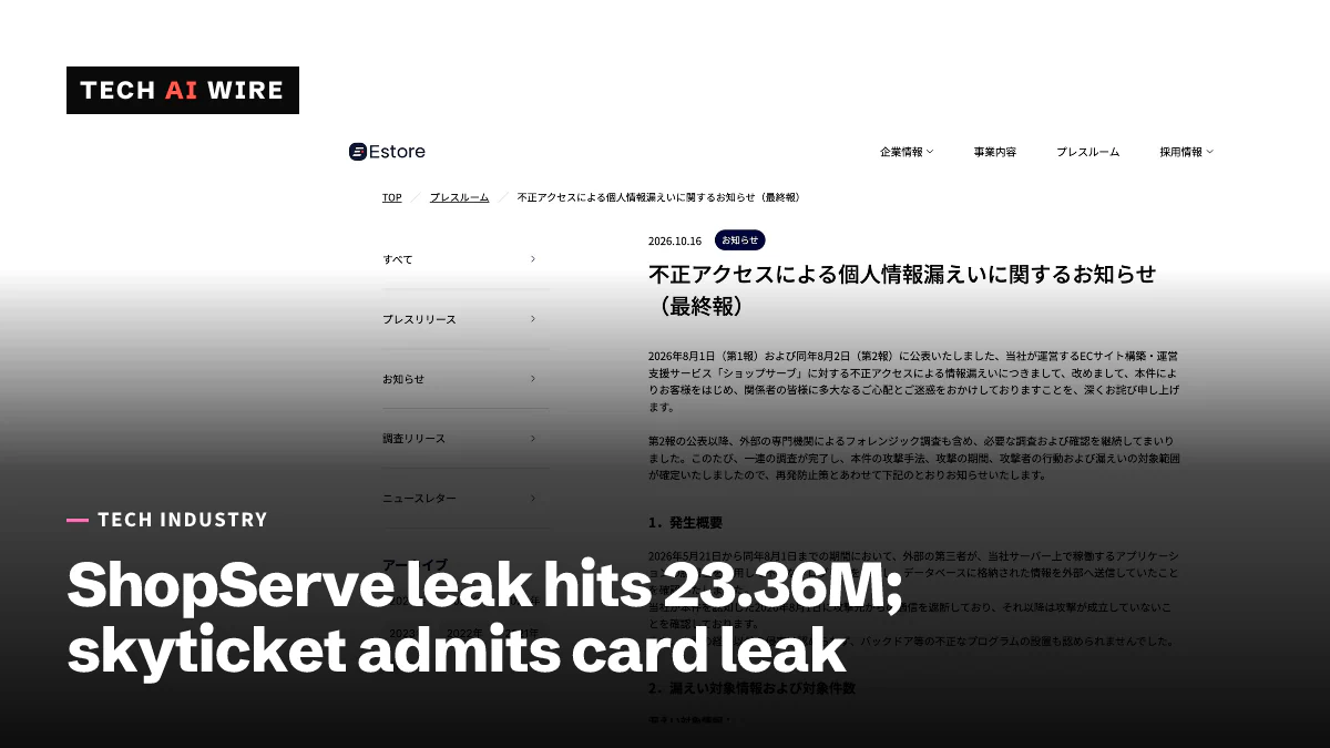 E-Store's press page showing its October 16, 2026 notice, in Japanese, on the personal data leak from unauthorized access, marked as the final report.