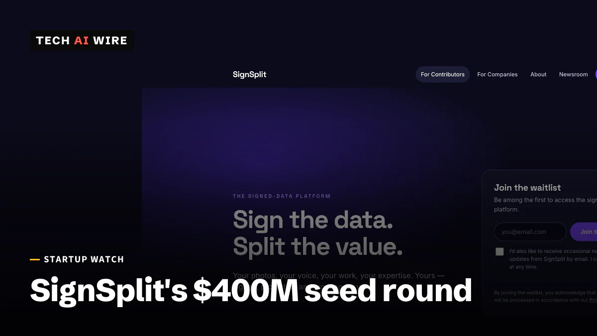 Screenshot of the SignSplit homepage, with the tagline 'Sign the data. Split the value.' and a waitlist sign-up form.