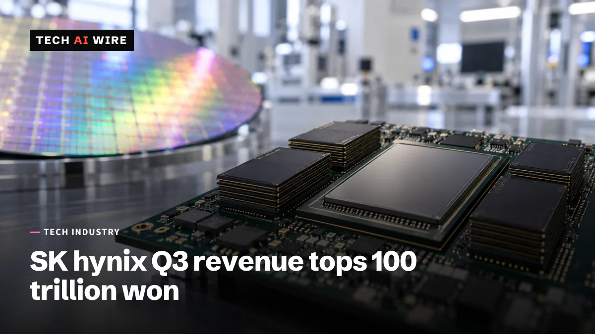 Stacked high-bandwidth memory chips sit beside a large AI processor on a green circuit board, a silicon wafer blurred in the background of a clean lab.