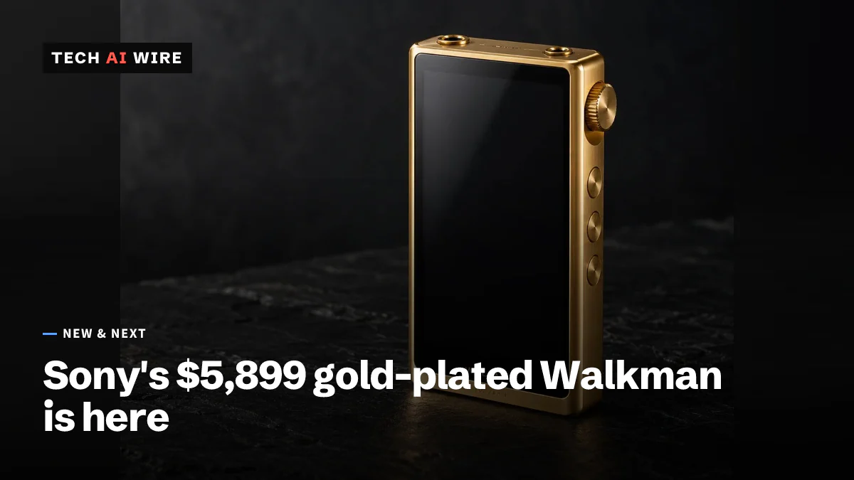 Un reproductor Sony Walkman bañado en oro, con la pantalla apagada y el logotipo WALKMAN, de pie sobre pizarra oscura bajo una luz de estudio tenue.