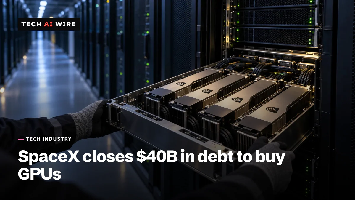 Gloved hands slide a server tray holding four Nvidia data-center GPU modules into a black rack in a long, dimly lit data hall.