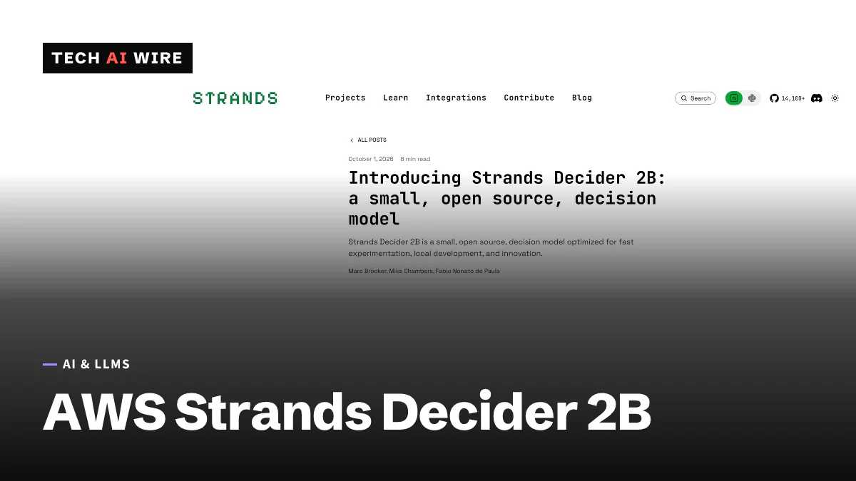 Screenshot of the Strands Agents blog post Introducing Strands Decider 2B: a small, open source, decision model, dated October 1, 2026.