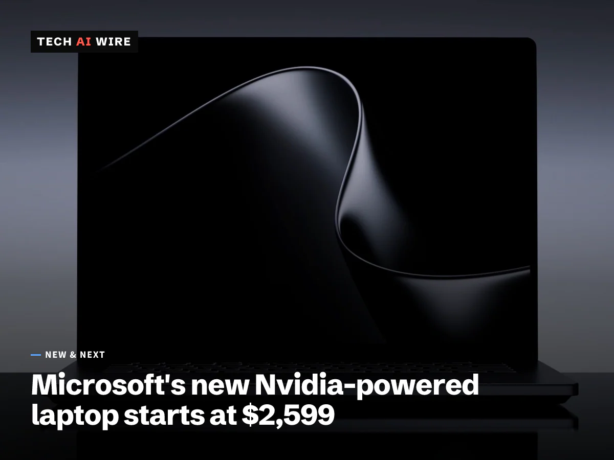 Microsoft's Surface Laptop Ultra open on a dark reflective surface, its screen showing a swirling black and white ribbon wallpaper.