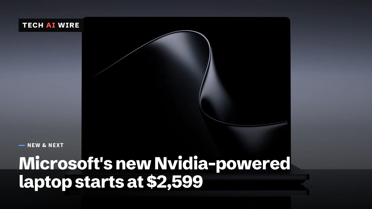 Microsoft's Surface Laptop Ultra open on a dark reflective surface, its screen showing a swirling black and white ribbon wallpaper.
