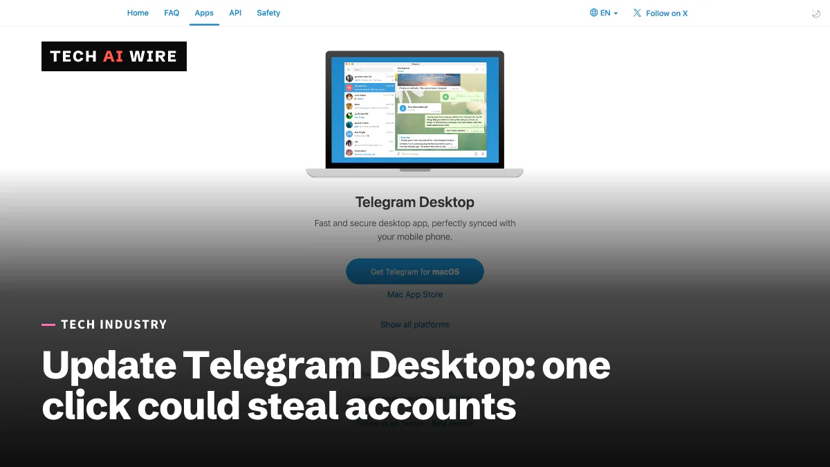 Screenshot of Telegram's official Telegram Desktop download page, showing the app on a laptop.