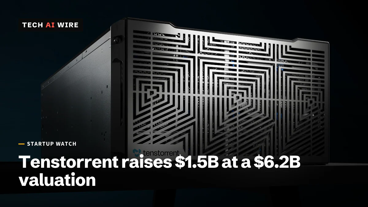 A Tenstorrent server chassis with a patterned metal front grille and the Tenstorrent logo, lit on a dark table against a deep blue backdrop.