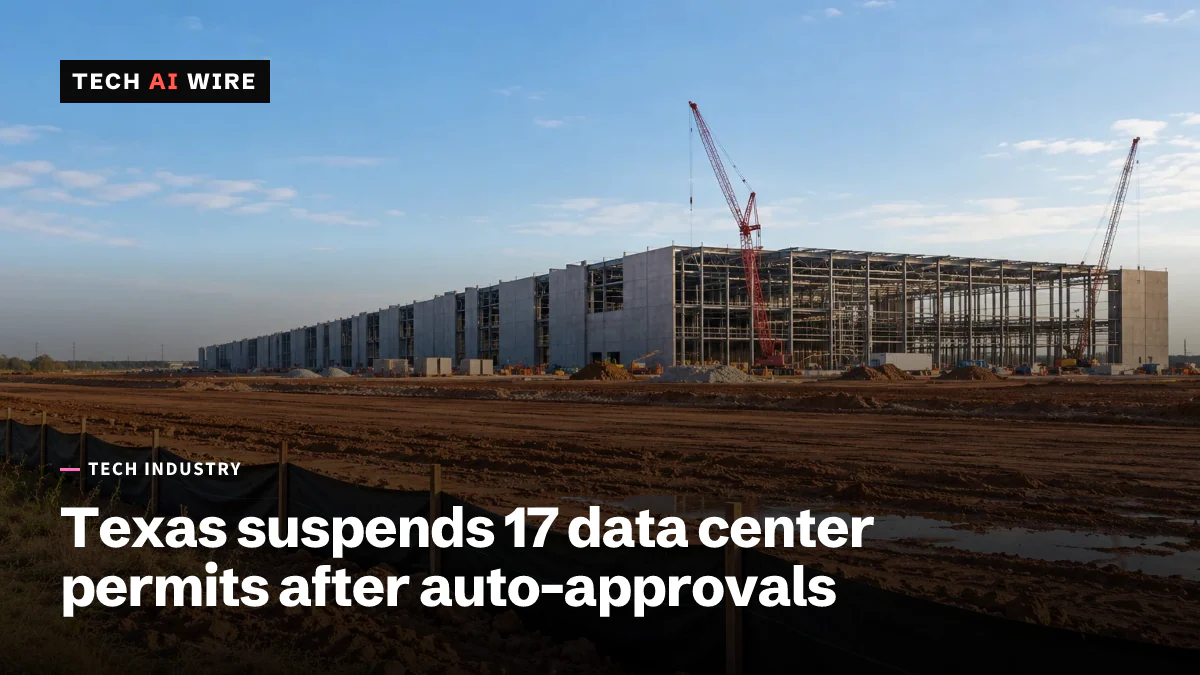 A long data center building under construction on graded red earth, its steel frame and concrete panels rising beside two cranes, behind a black silt fence in the foreground.