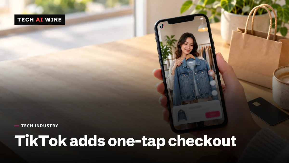 A hand holds a smartphone playing a video of a woman showing a denim jacket, with a product card and buy button on screen, beside a paper shopping bag and a payment card.