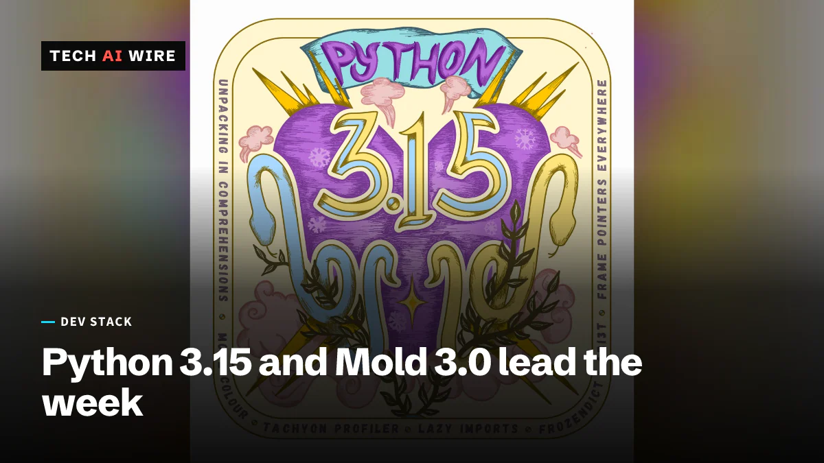 The Python 3.15 release artwork from python.org: a purple heart with the number 3.15 between two snakes, framed by the release's feature names.