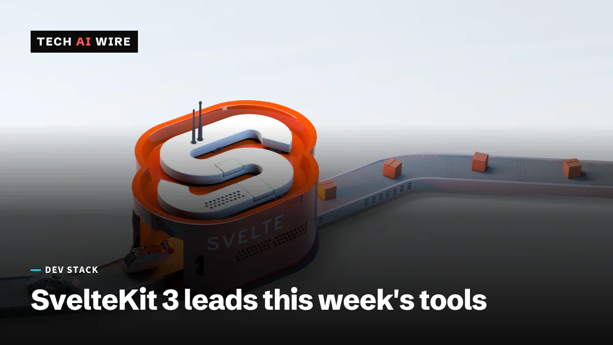 The 3D artwork from the Svelte website: an orange factory shaped like the Svelte logo, on a conveyor belt that carries parts in and boxes out.