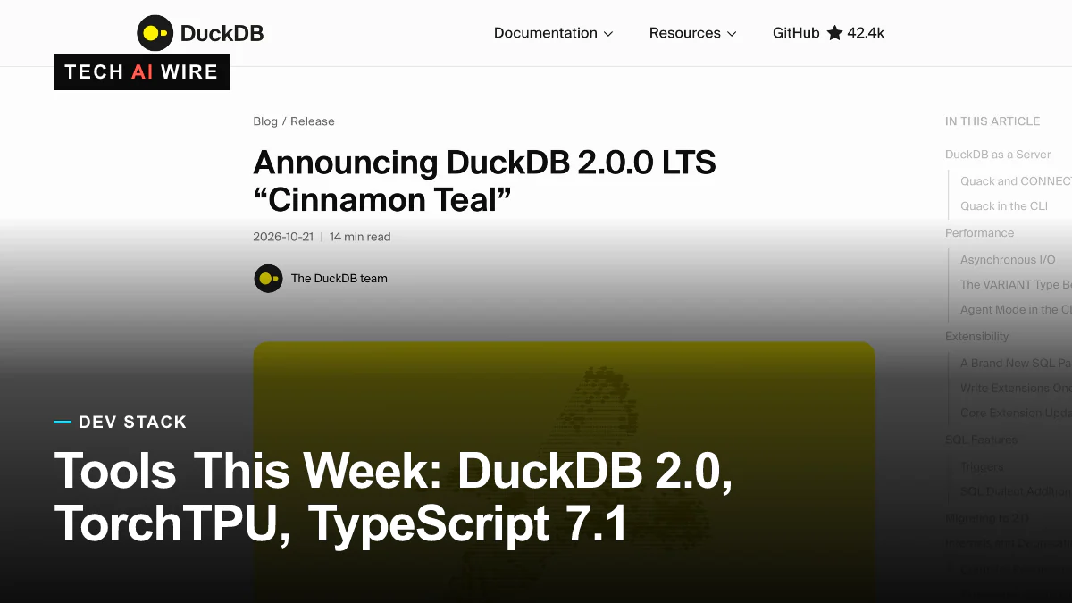 Captura de tela do post no blog do DuckDB que anuncia o DuckDB 2.0.0 LTS “Cinnamon Teal”, datado de 21 de outubro de 2026, com a ilustração de um pato amarelo abaixo do título.