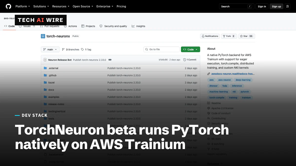 The aws-neuron/torch-neuronx repository on GitHub, showing its file list, the Apache-2.0 license and a description of a native PyTorch backend for AWS Trainium.