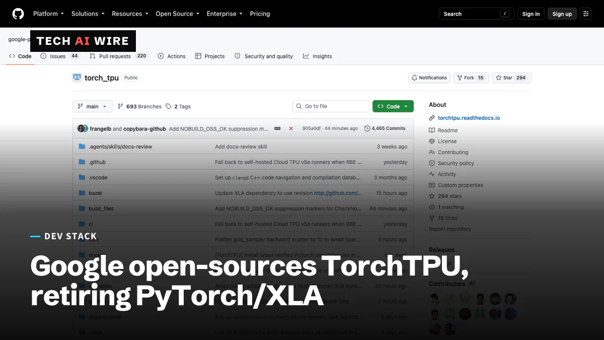 The google-pytorch/torch_tpu repository on GitHub, showing its folder list, recent commits, 4,465 commits and a link to torchtpu.readthedocs.io.