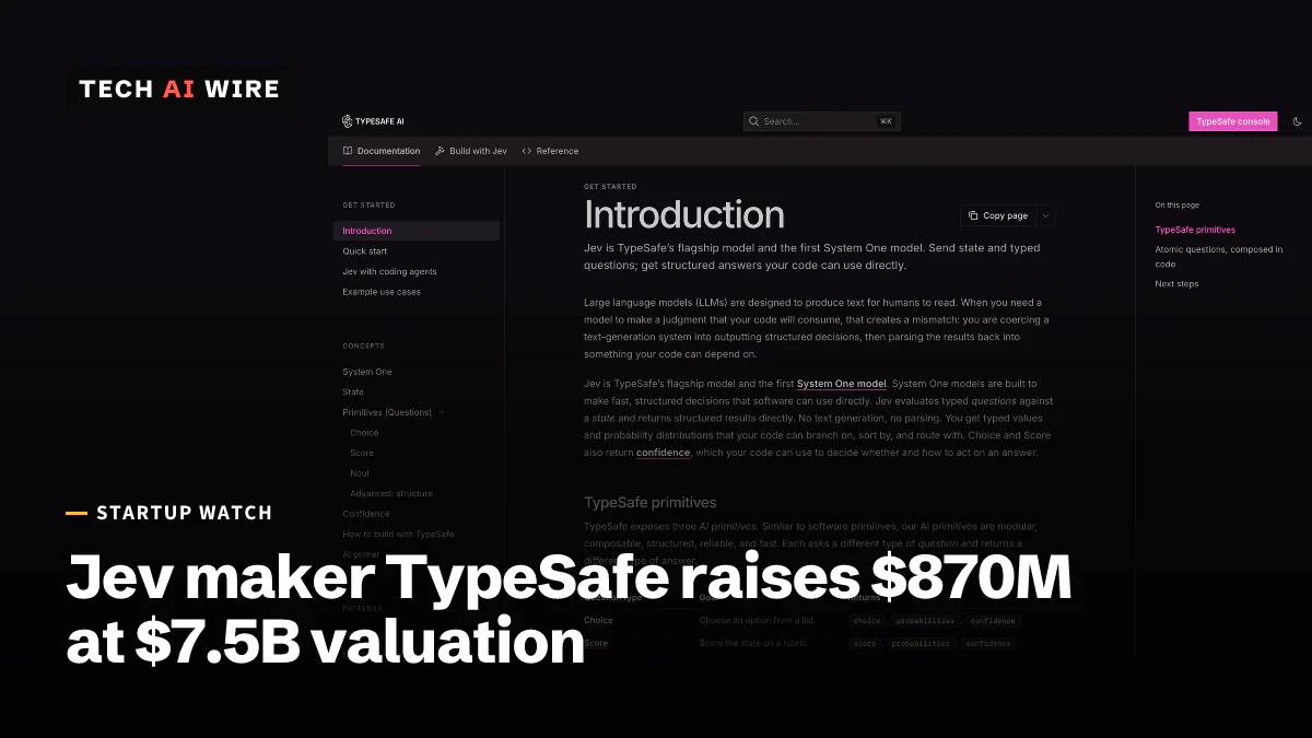 ダークテーマのTypeSafe AIのドキュメントページ。冒頭のIntroductionで、Jevを初のSystem Oneモデルとして説明しています。