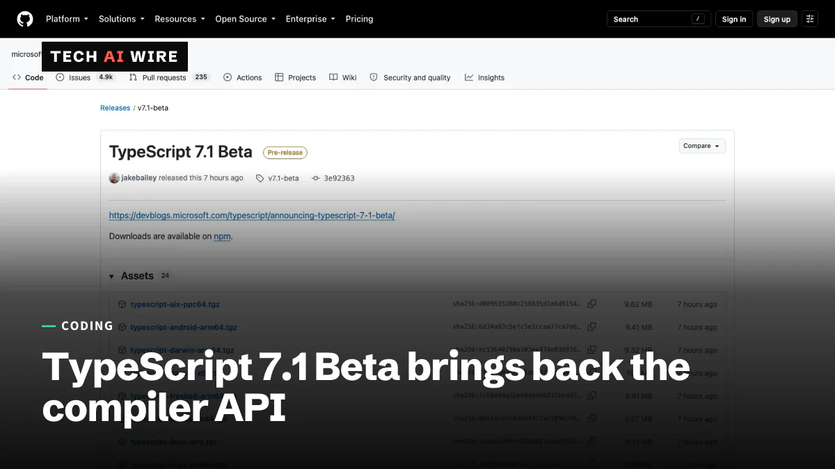 GitHub上のTypeScript 7.1 Betaのプレリリースページ。v7.1-betaのタグが付き、発表へのリンクと24個のダウンロードアセットが表示されています。