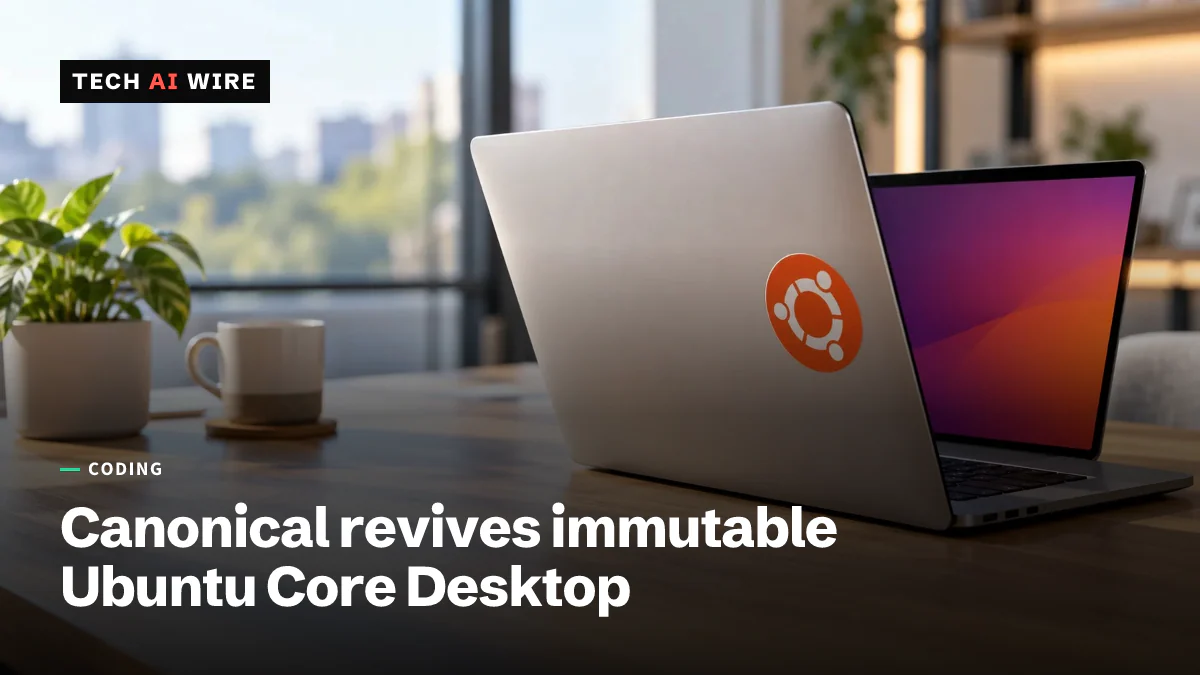 An open laptop with an orange Ubuntu logo sticker on its lid sits on a desk, its screen showing a plain purple and orange desktop wallpaper.