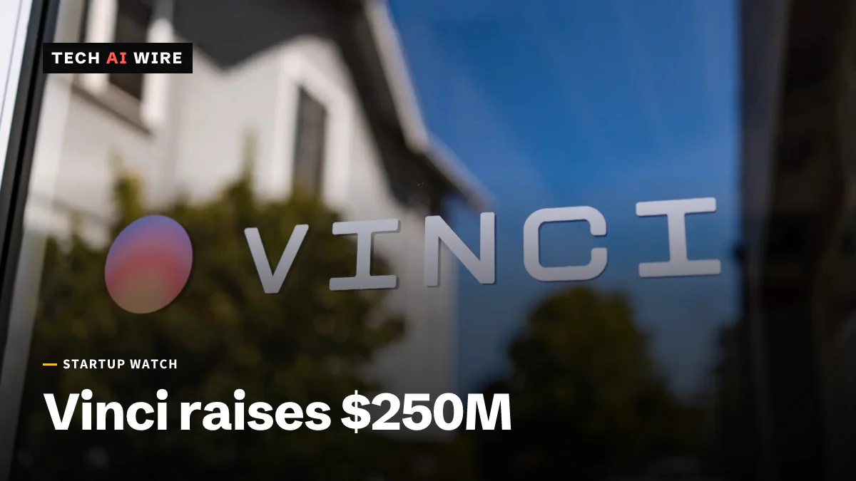 The Vinci logo, a gradient circle beside the word VINCI, on a glass window reflecting a white house, trees and blue sky.