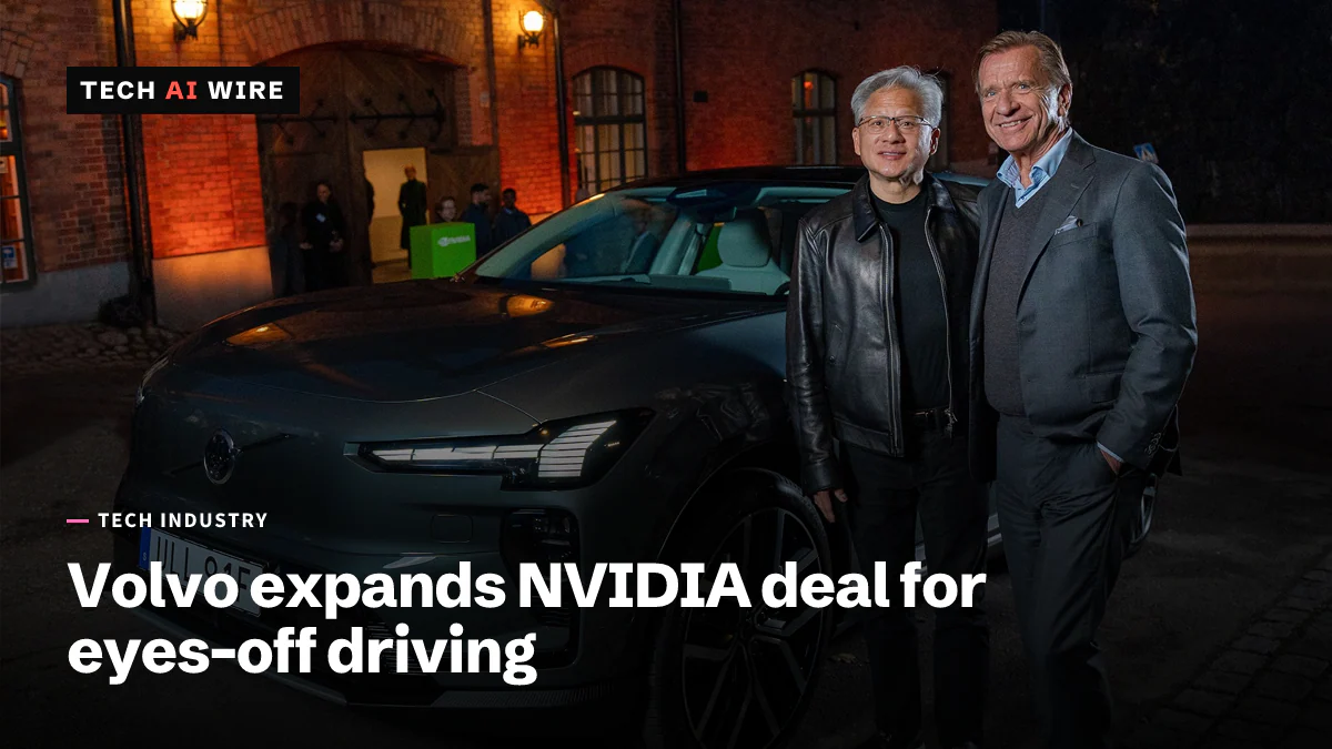 NVIDIA press photo of Jensen Huang and a Volvo Cars executive standing beside a dark green Volvo car at night outside a brick building.