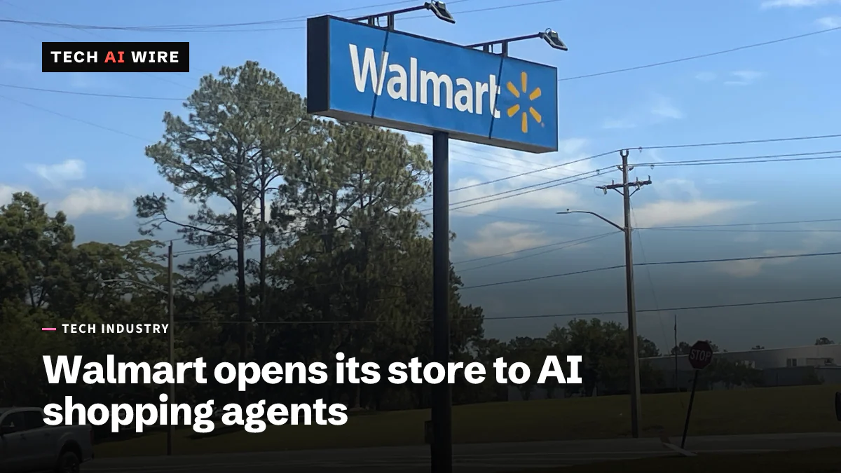 Ein blaues Walmart-Schild an einer Straße mit dem weißen Walmart-Schriftzug und dem gelben Funken-Logo an einem Mast, vor blauem Himmel mit Kiefern dahinter.