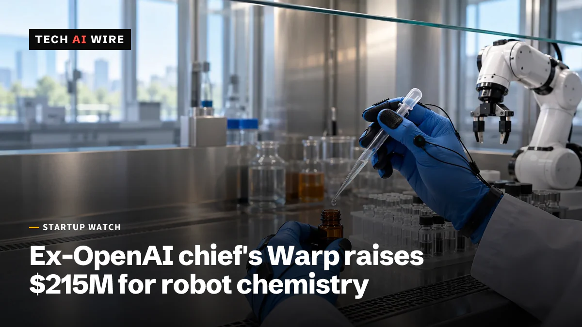 Blue-gloved hands fitted with black sensor pads and wires drip liquid from a pipette into an amber vial, beside a rack of vials and a white robotic arm.