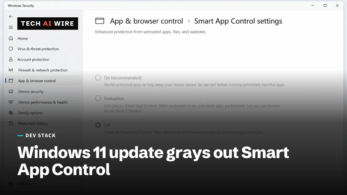 A Windows Security window open to the Smart App Control settings page, with the On, Evaluation and Off options all grayed out.