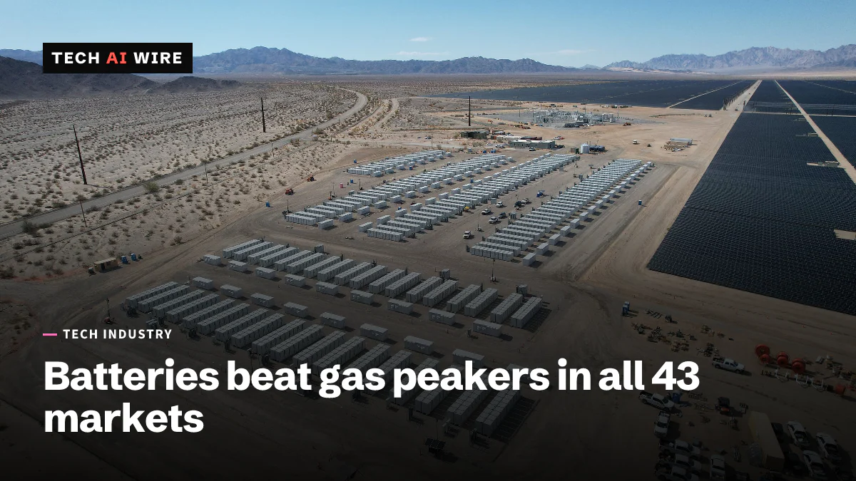 カリフォルニアの砂漠にあるDesert Sunlightの敷地で、大規模な太陽光発電所の横に白い蓄電池コンテナが何列も並ぶ様子を写した航空写真。