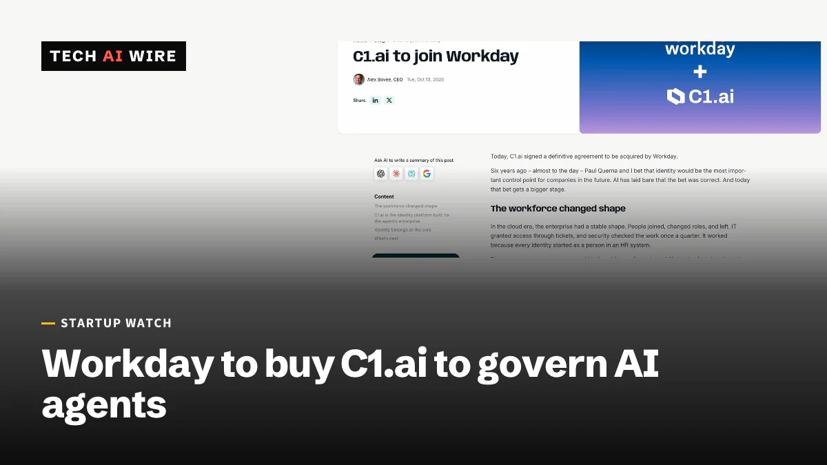 C1.ai's blog post titled C1.ai to join Workday, by CEO Alex Bovee and dated October 13, 2026, beside a graphic pairing the Workday and C1.ai logos.