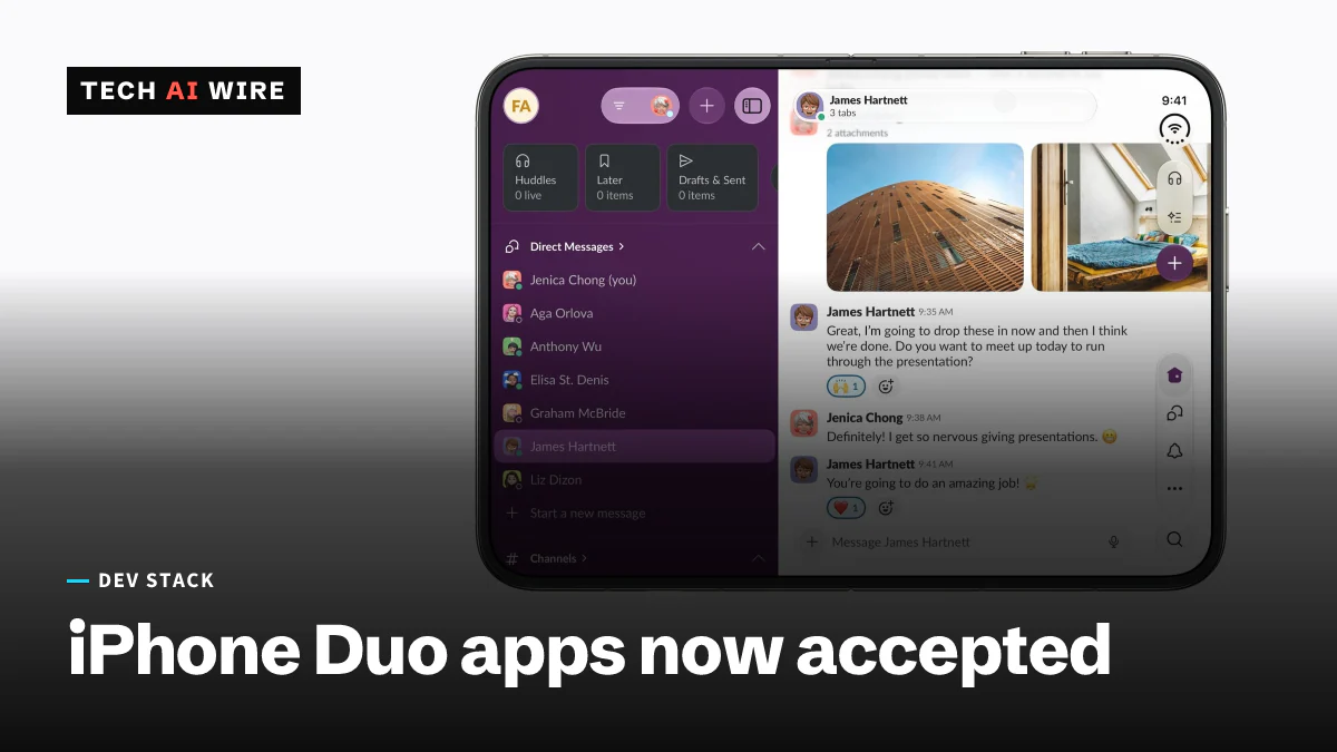 An unfolded iPhone Duo in landscape shows the Slack app with a sidebar of direct messages beside an open conversation, in an Apple press image.