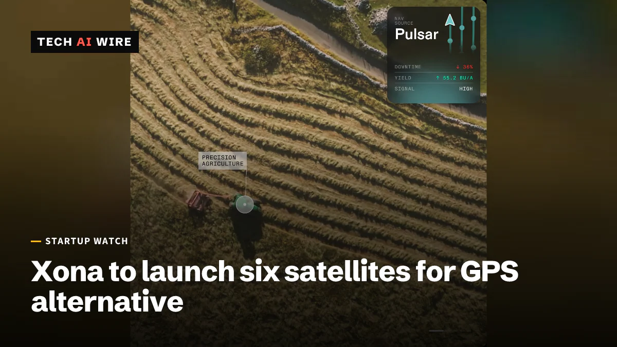 Captura de pantalla recortada del sitio web de Xona: vista aérea de un tractor en un campo, con la etiqueta «precision agriculture», junto a un panel de navegación de Pulsar.