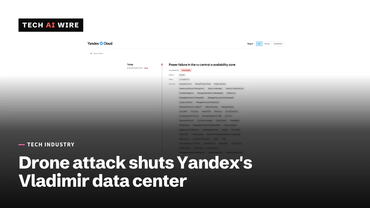 Screenshot of the Yandex Cloud status page showing a power failure in the ru-central1-a availability zone, with dozens of affected services listed.
