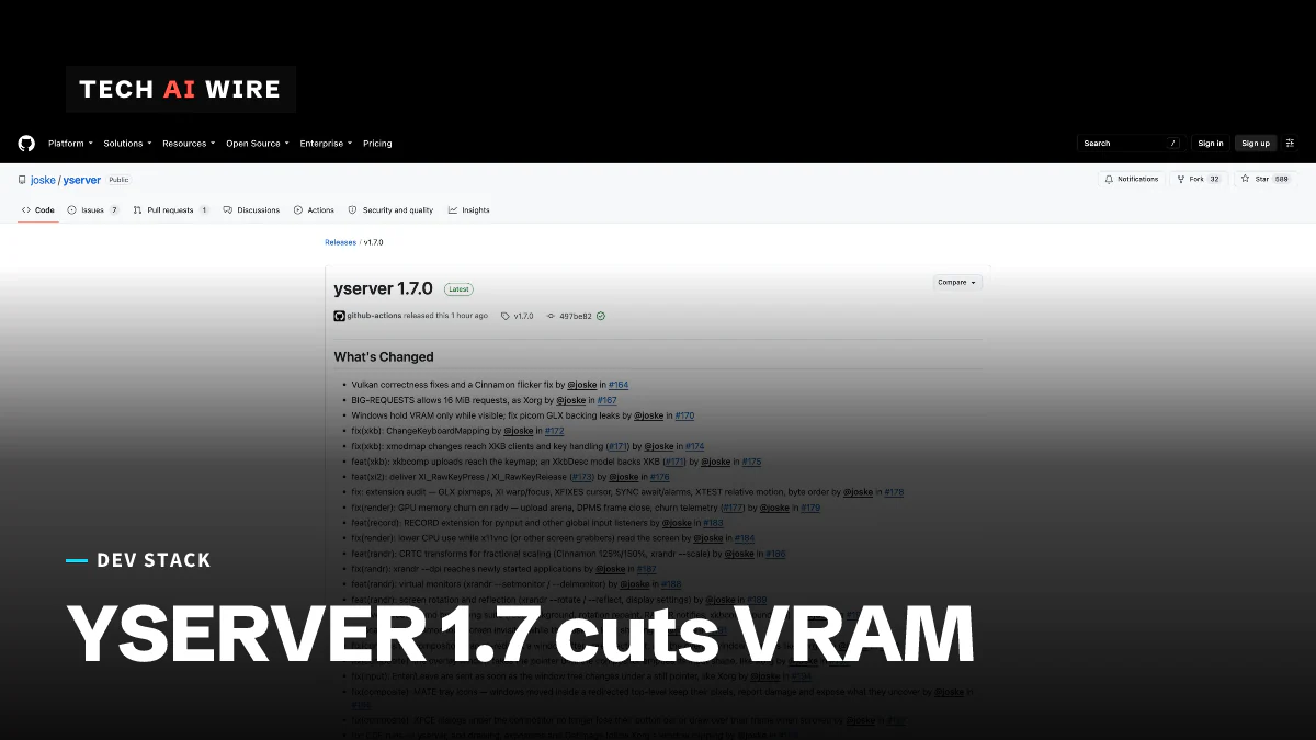 Screenshot of the yserver 1.7.0 release page on GitHub, listing the changes in the release under a What's Changed heading.